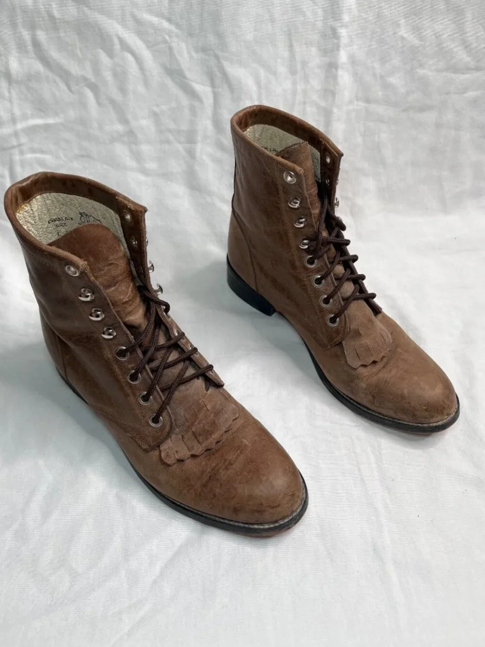 Justin Brown Leather Lace-Up Western Boots Fringe Detail Size 4 D Youth